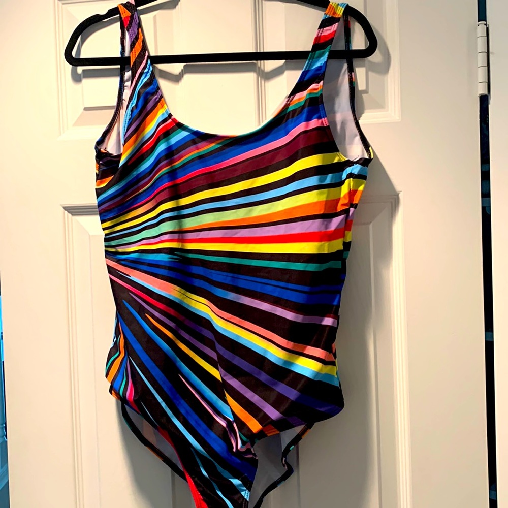 Bright striped one piece bathing suit